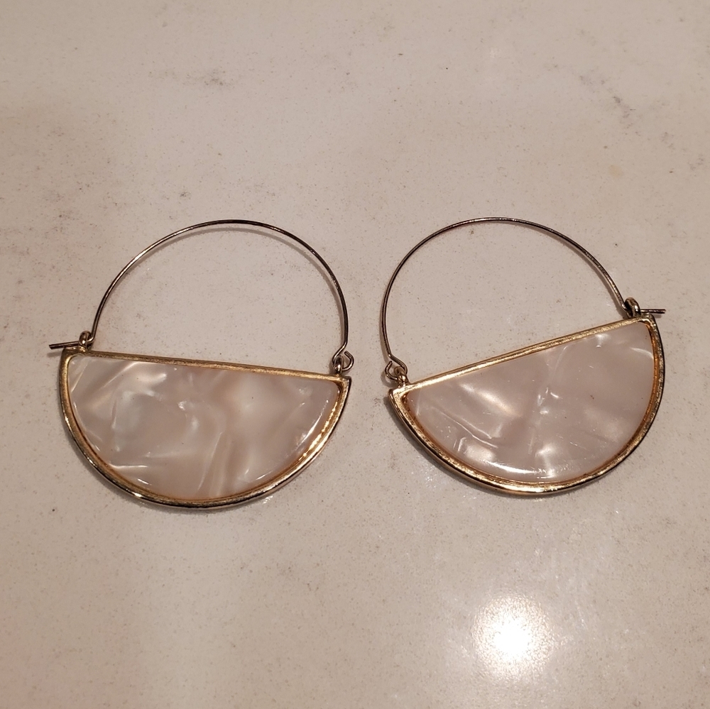 White Enamel Marble Look Gold Hoops Earrings Boho